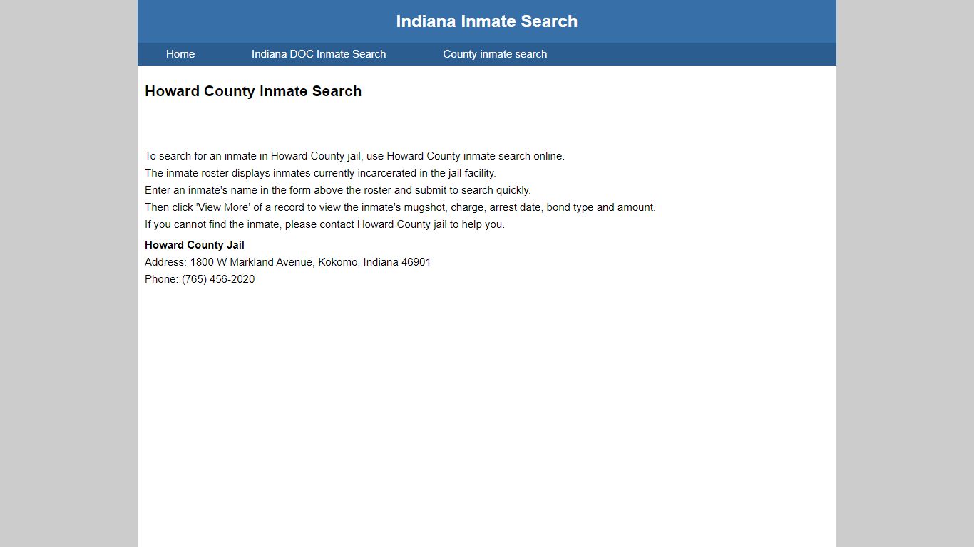 Howard County Jail Inmate Search - Indiana Inmate Search