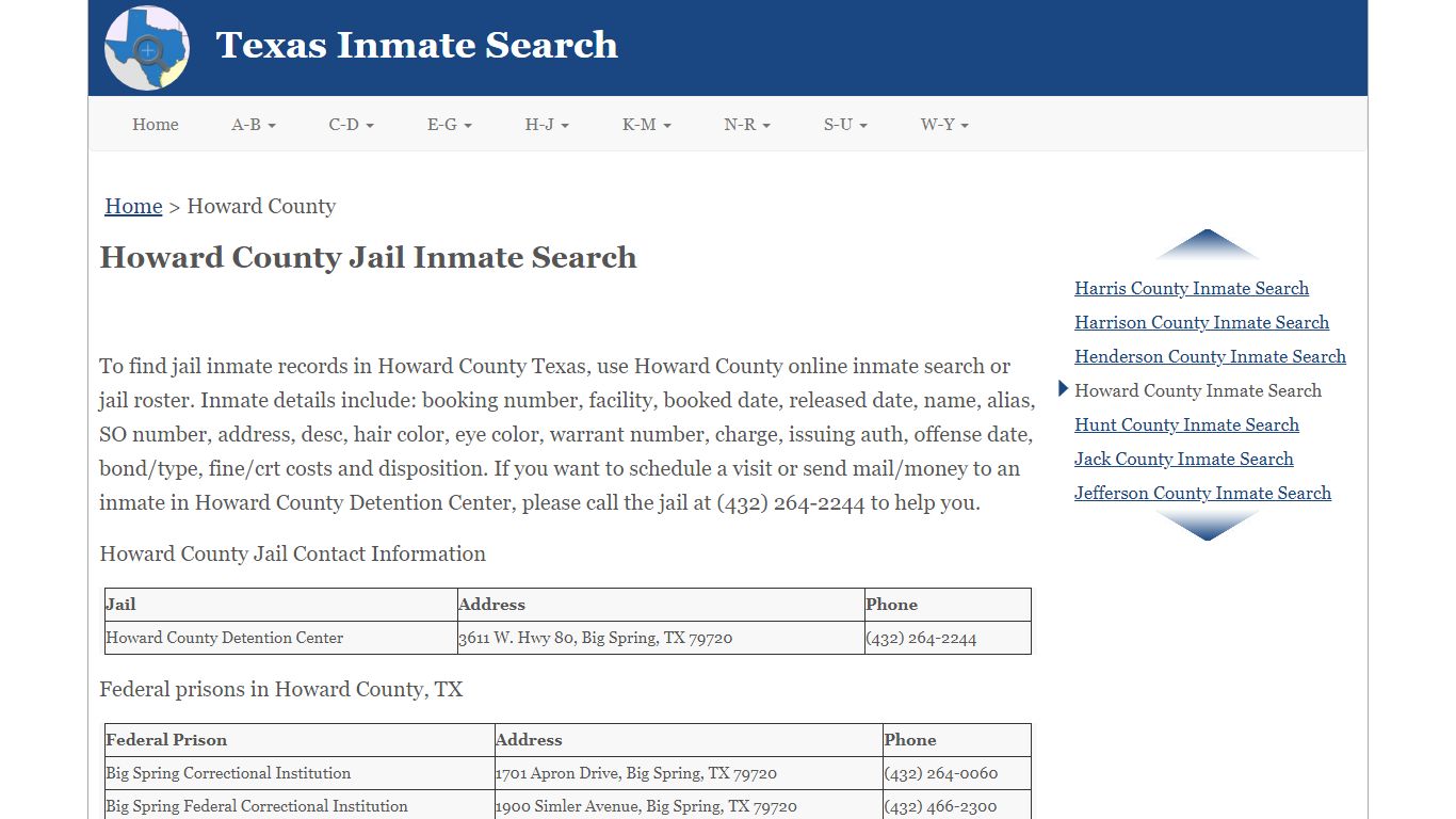 Howard County Jail Inmate Search